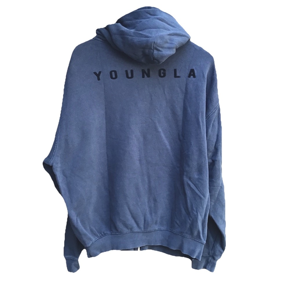 YoungLA YLA Men's Large Blue Full Zip Hoodie Flocked Logo Distressed Flaws